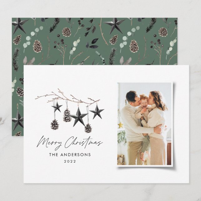 Cartes Pour Fêtes Annuelles Scandi moderne noir élégant script photo de Noël (Devant / Derrière)