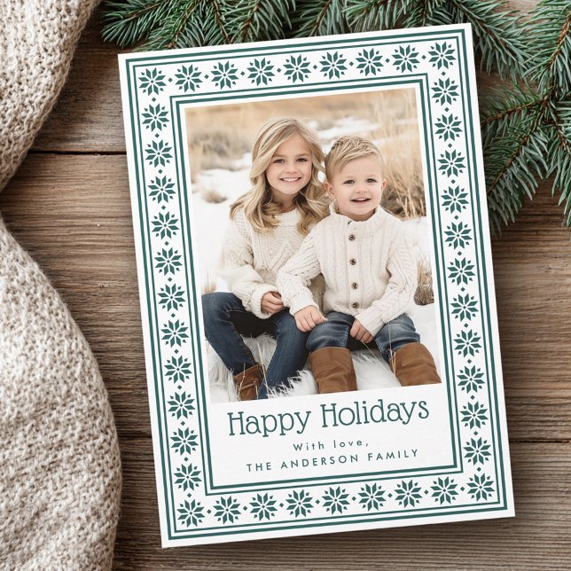 Cartes Pour Fêtes Annuelles Scandinavian stars green border Happy Holidays (Scandinavian stars green border Happy Holidays Holiday Card)