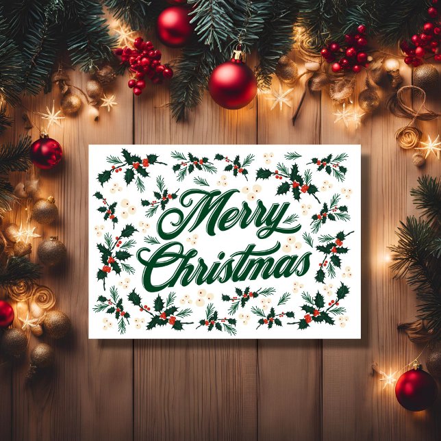 Cartes Pour Fêtes Annuelles Scénario Joyeux Noël Holly Rouge et Vert (Script Merry Christmas Holly Red and Green Holiday Card, Colored Lights Background)