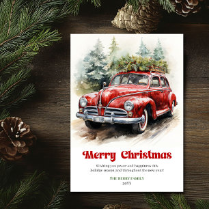 Cartes Pour Fêtes Annuelles Scène aquarelle de voiture rouge Noël rustique cos