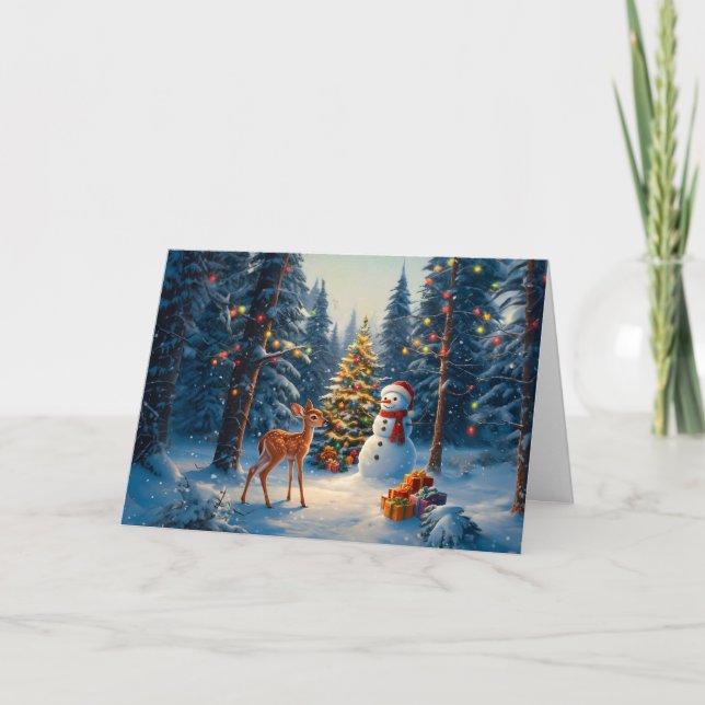 Cartes Pour Fêtes Annuelles Scene d'arbre de Noël Cute Deer Fawn Snowman (Devant)