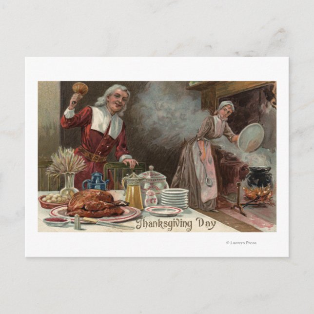 Cartes Pour Fêtes Annuelles Scène de dîner de DayPilgrim de thanksgiving (Devant)