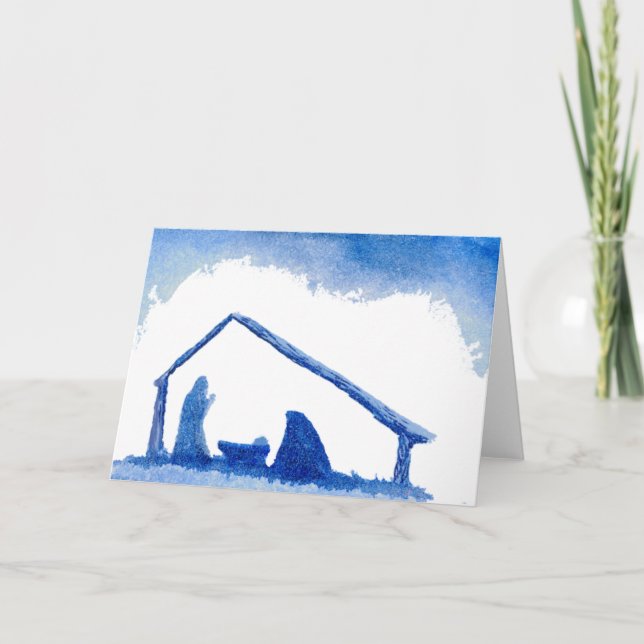 Cartes Pour Fêtes Annuelles Scène de la Nativité Silhouette Bleue (Devant)