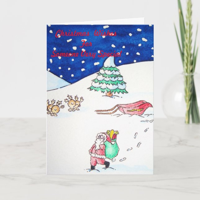 Cartes Pour Fêtes Annuelles scène de la neige de père Noël et de rennes (Devant)