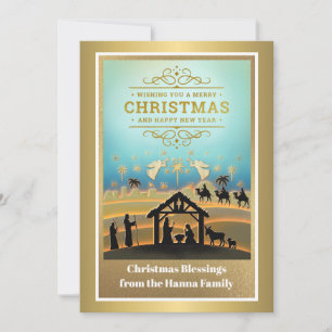 Cartes Pour Fêtes Annuelles Scène de Nativité "Joyeux Noël et Bonne Année"