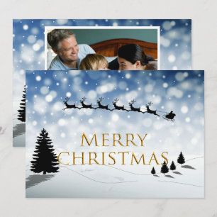 Cartes Pour Fêtes Annuelles Scène de neige avec silhouette de Père Noël et tra