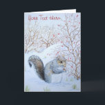 Cartes Pour Fêtes Annuelles scène de neige d'écureuil gris mignon fêtes de Noë<br><div class="desc">This cute little grey squerrl has been digging around in the snow until finally finding a échantilly treat, I wonder if it an acorn or nut that he squirreled away during in the warm days of summer. I think the wildlife Image of this hungry little squerrl makes a lovely solive...</div>