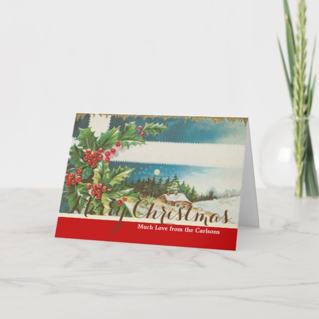 Cartes Pour Fêtes Annuelles Scène de Noël au houx neige hiver (Devant)