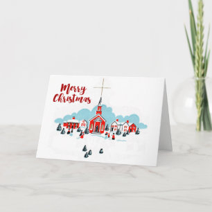 Cartes Pour Fêtes Annuelles Scène de Noël avec une église rouge et étoile au-d