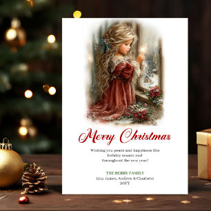 Cartes Pour Fêtes Annuelles Scène de Noël avec une Petite Fille Mignonne et Ru