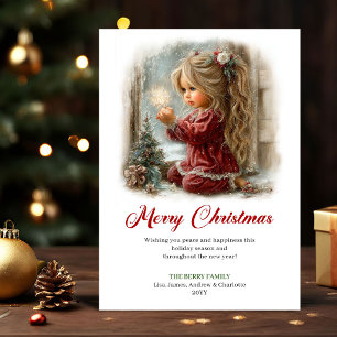Cartes Pour Fêtes Annuelles Scène de Noël de petite fille mignonne et fantaisi