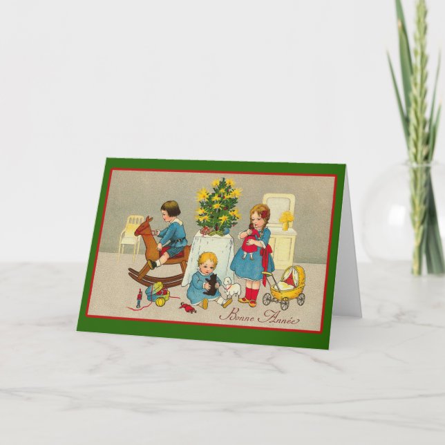Cartes Pour Fêtes Annuelles Scène de Noël domestique avec enfants et jouets (Devant)