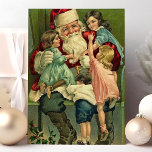Cartes Pour Fêtes Annuelles Scène de Noël du Père Noël vintage<br><div class="desc">Belle carte postale vintage salon de Noël. Ce design présente un Père Noël vintage jolly avec l'escalade des enfants dans ses genoux. Quelle belle scène de vacances rétro.</div>