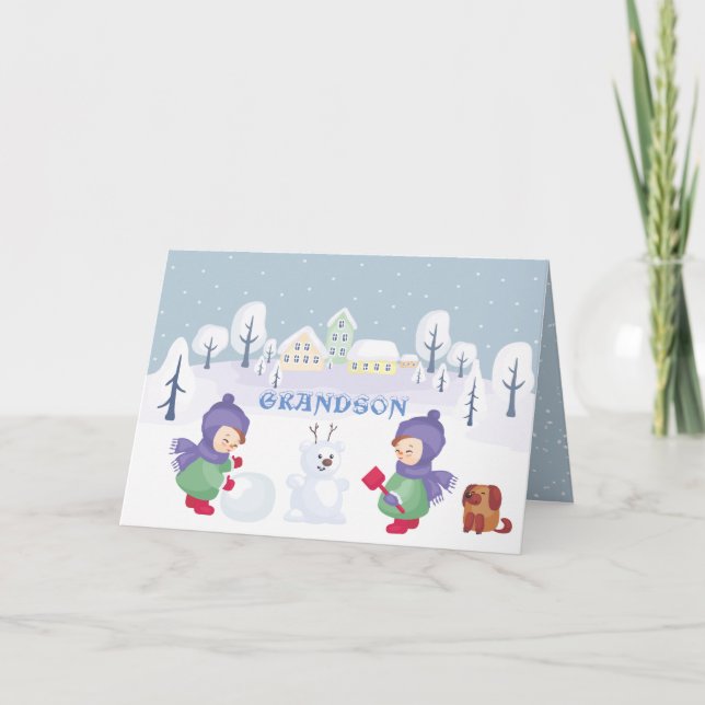 Cartes Pour Fêtes Annuelles Scène de Noël Grandson Aquarelle bleue (Devant)