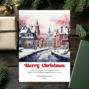 Cartes Pour Fêtes Annuelles Scène de Noël rustique fantaisiste, art de ville l