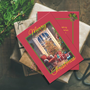 Cartes Pour Fêtes Annuelles Scène de Noël vintage cosy sur fond rouge