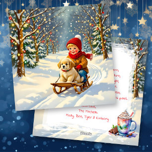 Cartes Pour Fêtes Annuelles Scène de Noël vintage, garçon sur un traîneau avec
