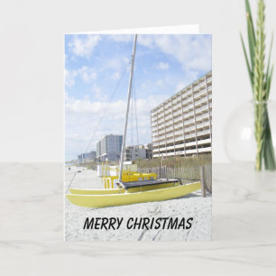 CARTES POUR FÊTES ANNUELLES SCÈNE DE PLAGE "MERRY CHRISTMAS" AVEC CATAMARAN