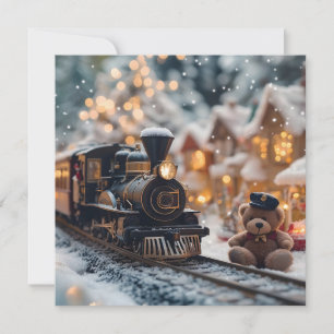 Cartes Pour Fêtes Annuelles Scène de train de Noël magique avec un ours en pel