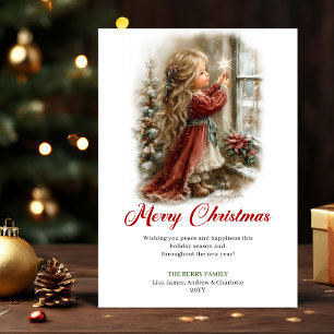 Cartes Pour Fêtes Annuelles Scène de vacances de petite fille mignonne et lumi