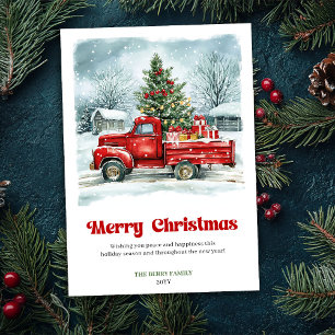 Cartes Pour Fêtes Annuelles Scène de vacances fantaisiste avec camion rouge ru