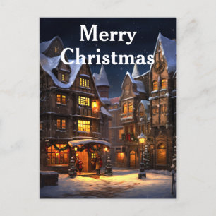 Cartes Pour Fêtes Annuelles Scène de village d'hiver de Noël vintage à l'aquar