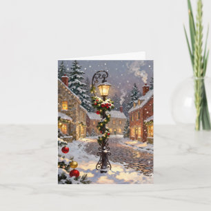 Cartes Pour Fêtes Annuelles Scène de village enneigé avec lampadaire 