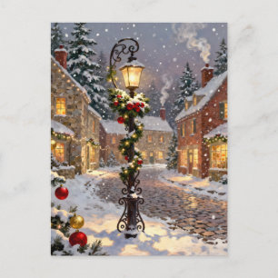 Cartes Pour Fêtes Annuelles Scène de village enneigé avec lampadaire
