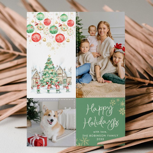 Cartes Pour Fêtes Annuelles Scène d'hiver festive Joyeuses Vacances vertes 2 P (Créateur téléchargé)