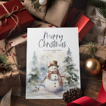 Cartes Pour Fêtes Annuelles Scène d'hiver Snowman Noël<br><div class="desc">Watercolor Winter Scene,  Christmas Card. Caractéristiques,  arbres forestiers et bonhomme de neige festif de vacances avec typographie bleu marine foncé et couleur de fond.</div>