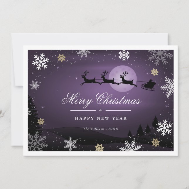 Cartes Pour Fêtes Annuelles Scene d'hiver violet renne Père Noël (Devant)