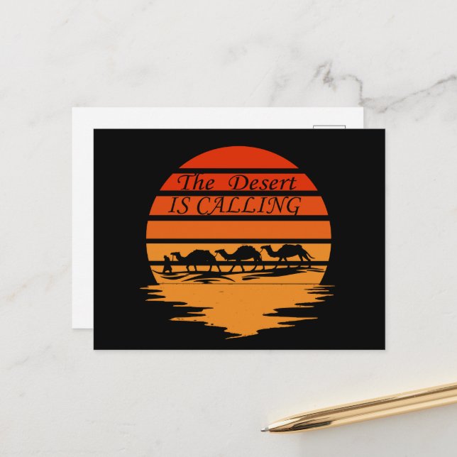Cartes Pour Fêtes Annuelles scène du désert avec des chameaux coucher de solei (Devant/Arrière en situation)
