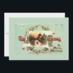 Cartes Pour Fêtes Annuelles Scène hiver vintage et voeux de Noël<br><div class="desc">Belle scène d'hiver rustique au coucher du soleil sur une bannière antique entourée de salut saint,  ruban et illuminé sur arrière - plan turquoise clair. Image complémentaire à l'envers avec du texte personnalisable.</div>
