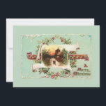 Cartes Pour Fêtes Annuelles Scène hiver vintage et voeux de Noël<br><div class="desc">Belle scène d'hiver rustique au coucher du soleil sur une bannière antique entourée de salut saint,  ruban et illuminé sur arrière - plan turquoise clair. Image complémentaire à l'envers avec du texte personnalisable.</div>