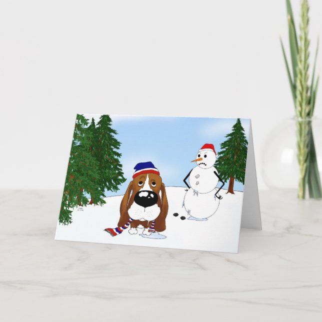 Cartes Pour Fêtes Annuelles Scène hivernale de Basset Hound (Devant)