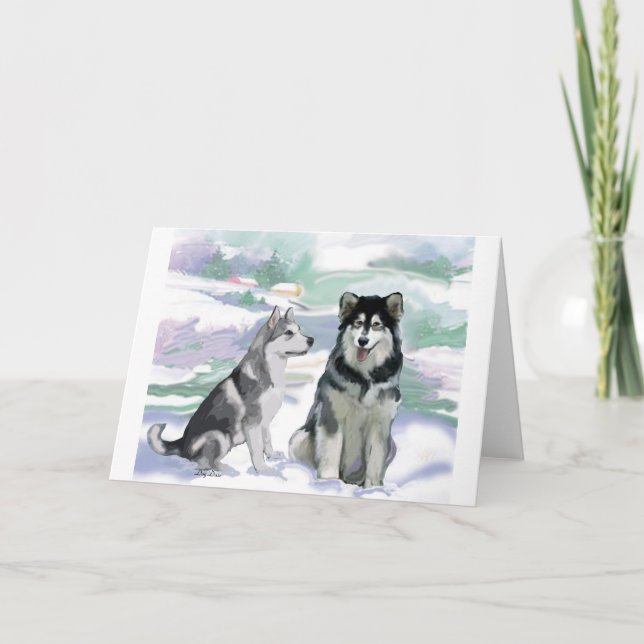 Cartes Pour Fêtes Annuelles Scène hivernale de Malamute en Alaska (Devant)