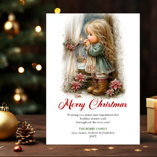 Cartes Pour Fêtes Annuelles Scène hivernale fantaisiste de petite fille mignon