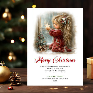 Cartes Pour Fêtes Annuelles Scène hivernale fantaisiste de petite fille mignon