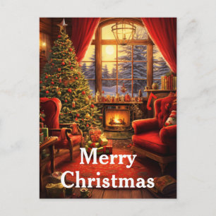 Cartes Pour Fêtes Annuelles Scène intérieure de Noël vintage à l'aquarelle