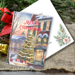 Cartes Pour Fêtes Annuelles Scène traditionnelle de Noël d'hiver à l'aquarelle