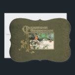 Cartes Pour Fêtes Annuelles Scène vintage d'hiver et salutation de Noël<br><div class="desc">La belle salutation victorienne de Noël en texte lumineux fleuri d'or et le lierre d'or décorent les frontières d'une scène paisible de neige comportant des cardinaux et une ferme dans les bois. L'arrière - plan est vert forêt affligé avec la frontière florale fleurie de relief.</div>