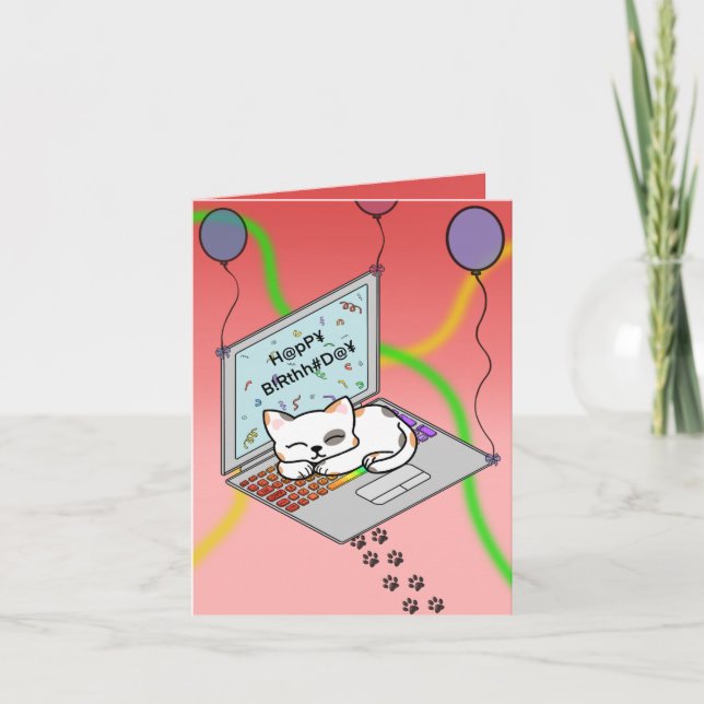 Cartes Pour Fêtes Annuelles Schattige kat op laptop met slingers verjaardags (Devant)