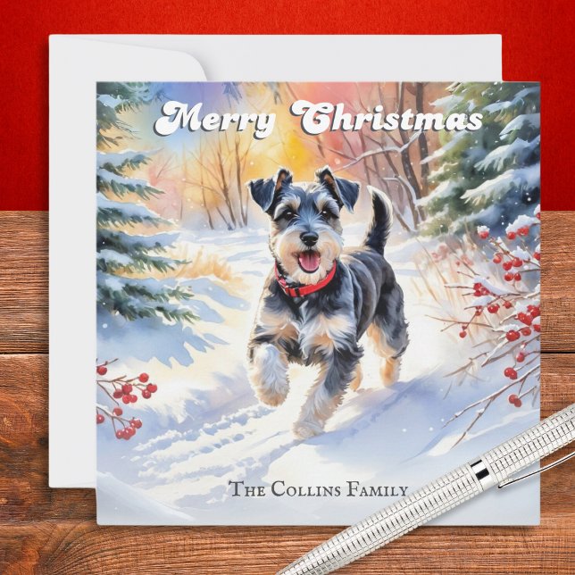 Cartes Pour Fêtes Annuelles Schnauzer Miniature En Noël De Neige (A personalized Christmas card with picture of a miniature schnauzer dog walking in snow)