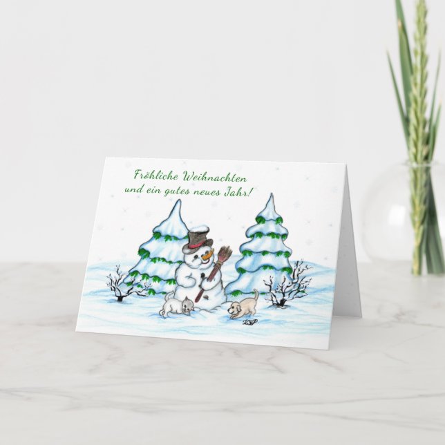 Cartes Pour Fêtes Annuelles Schneemann mit Katze und Hundewelpe auf Deutsch (Devant)