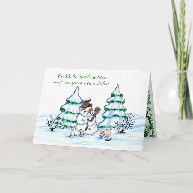 Cartes Pour Fêtes Annuelles Schneemann mit Katze und Hundewelpe auf Deutsch (Devant)