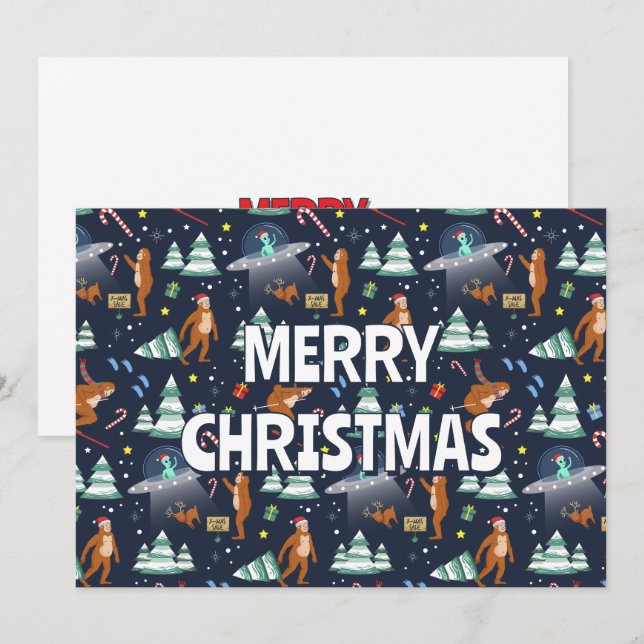 Cartes Pour Fêtes Annuelles Sci-Fi Christmas | Big Foot, Aliens, & Reindeer (Devant / Derrière)