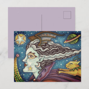 CARTES POUR FÊTES ANNUELLES SCI FI SORCIÈRE DE L'ESPACE & CHAT COMÈTE HUMORIST