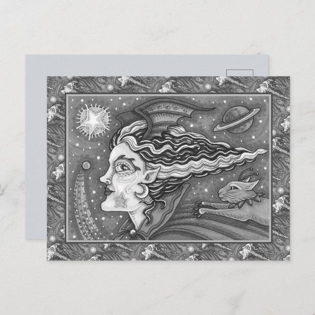 CARTES POUR FÊTES ANNUELLES SCI FI SPACE WITCH & COMET CAT BLK/WHITE HALLOWEEN (Devant / Derrière)