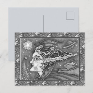 CARTES POUR FÊTES ANNUELLES SCI FI SPACE WITCH & COMET CAT BLK/WHITE HALLOWEEN