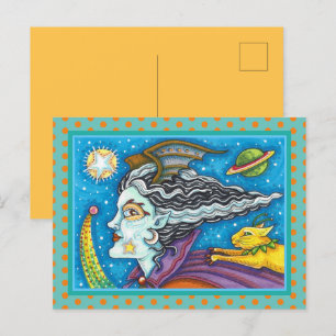 CARTES POUR FÊTES ANNUELLES SCI FI SPACE WITCH & COMET CAT COLORÉ HALLOWEEN